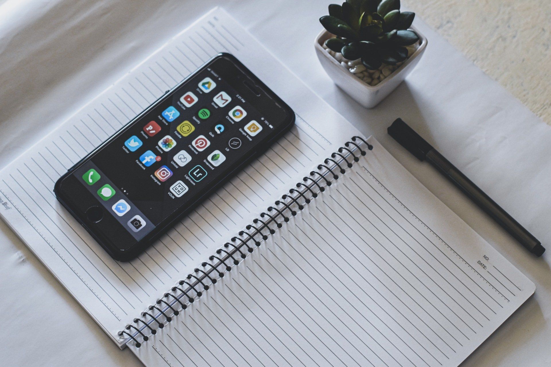 A cell phone is sitting on top of a notebook next to a pen and a potted plant.