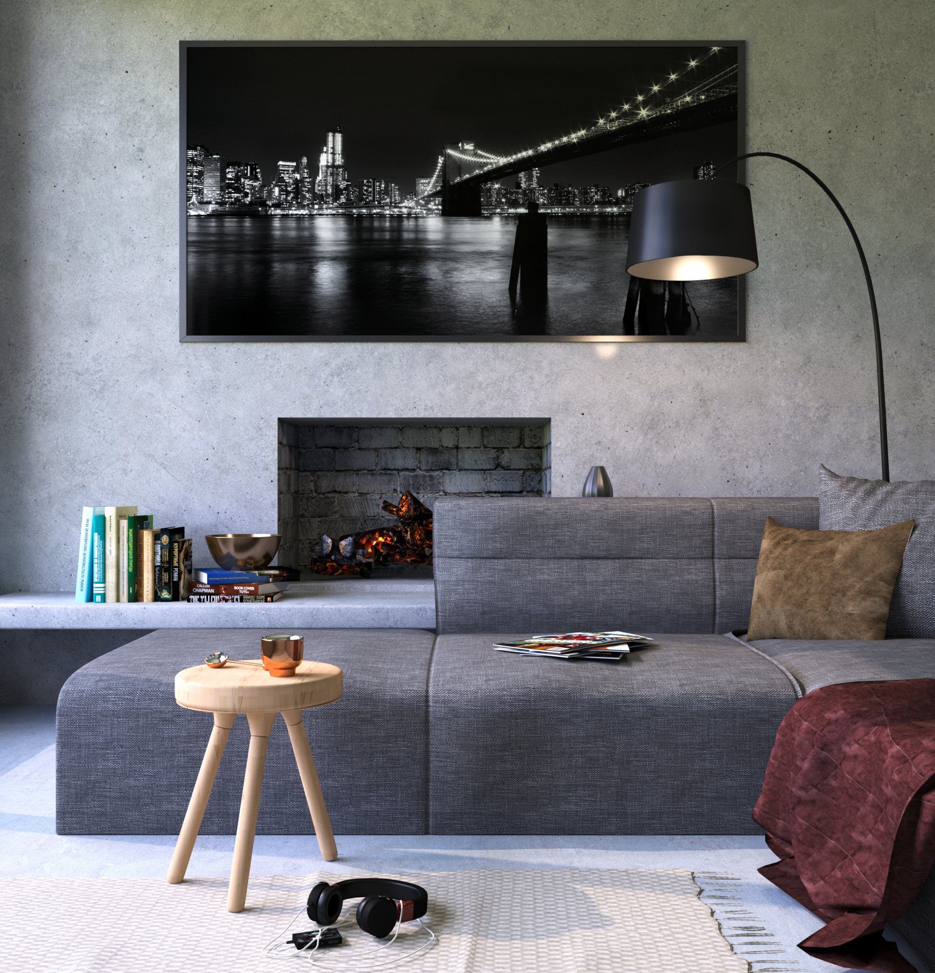 A picture of a living space decorated with a mixture of grey tones