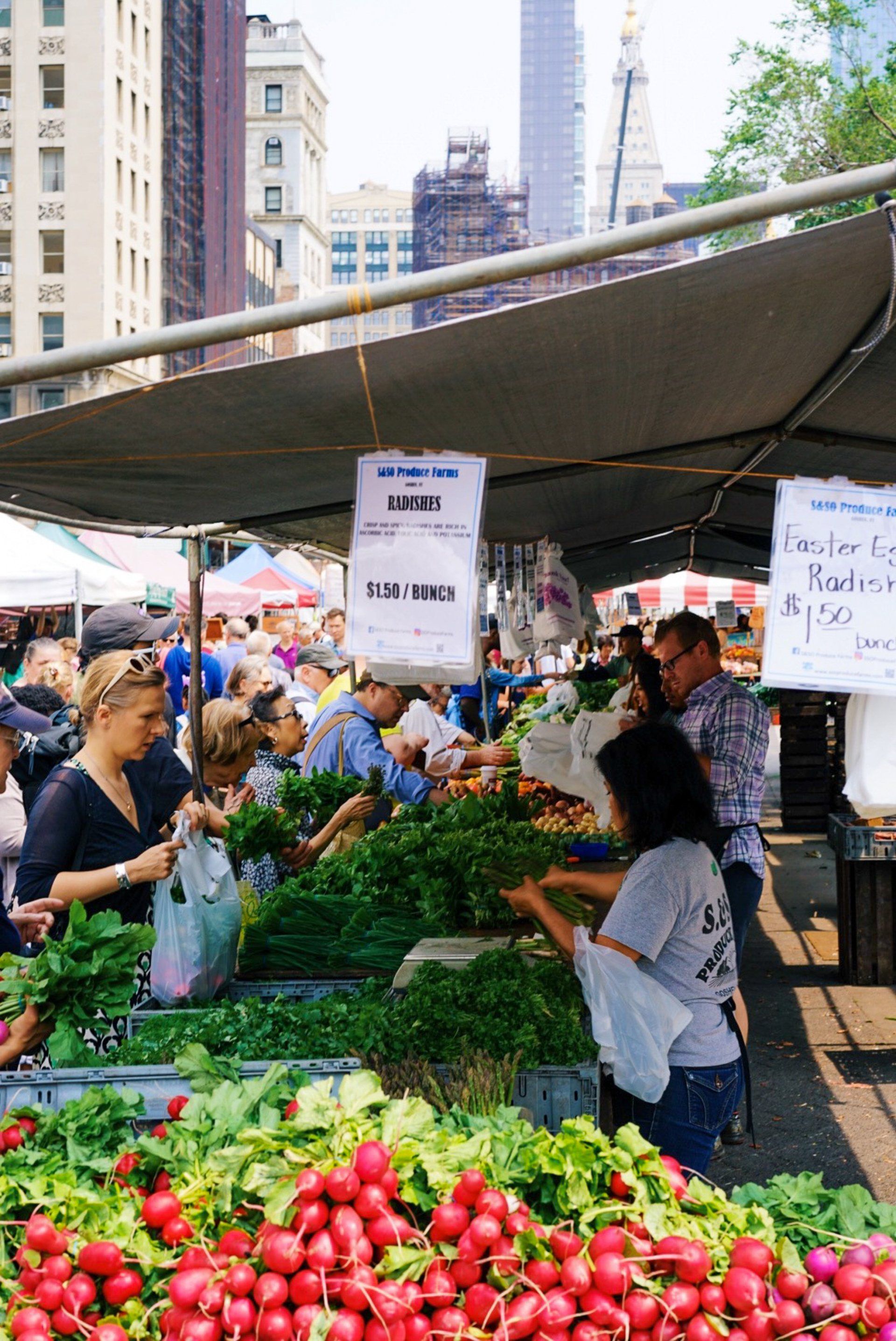 A woman is buying radishes at a farmers market