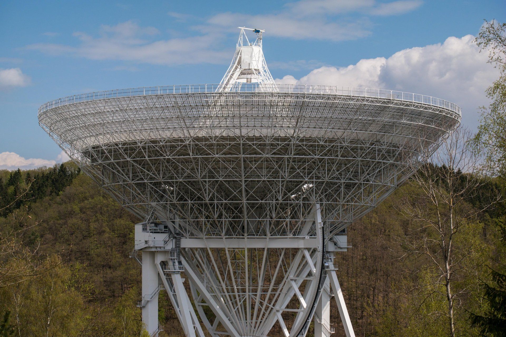 A large antenna is sitting in the middle of a forest.