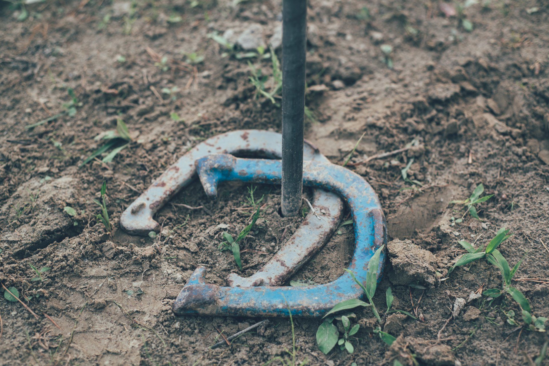 a blue horseshoe is sitting in the dirt next to a pole .