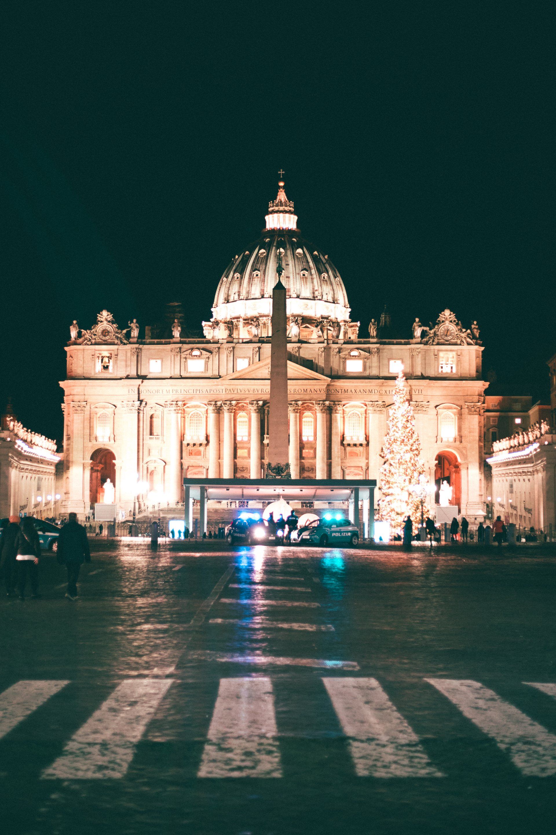 Night view of Saint Peter's Square, a town square in Vatican City, Rome, Italy.