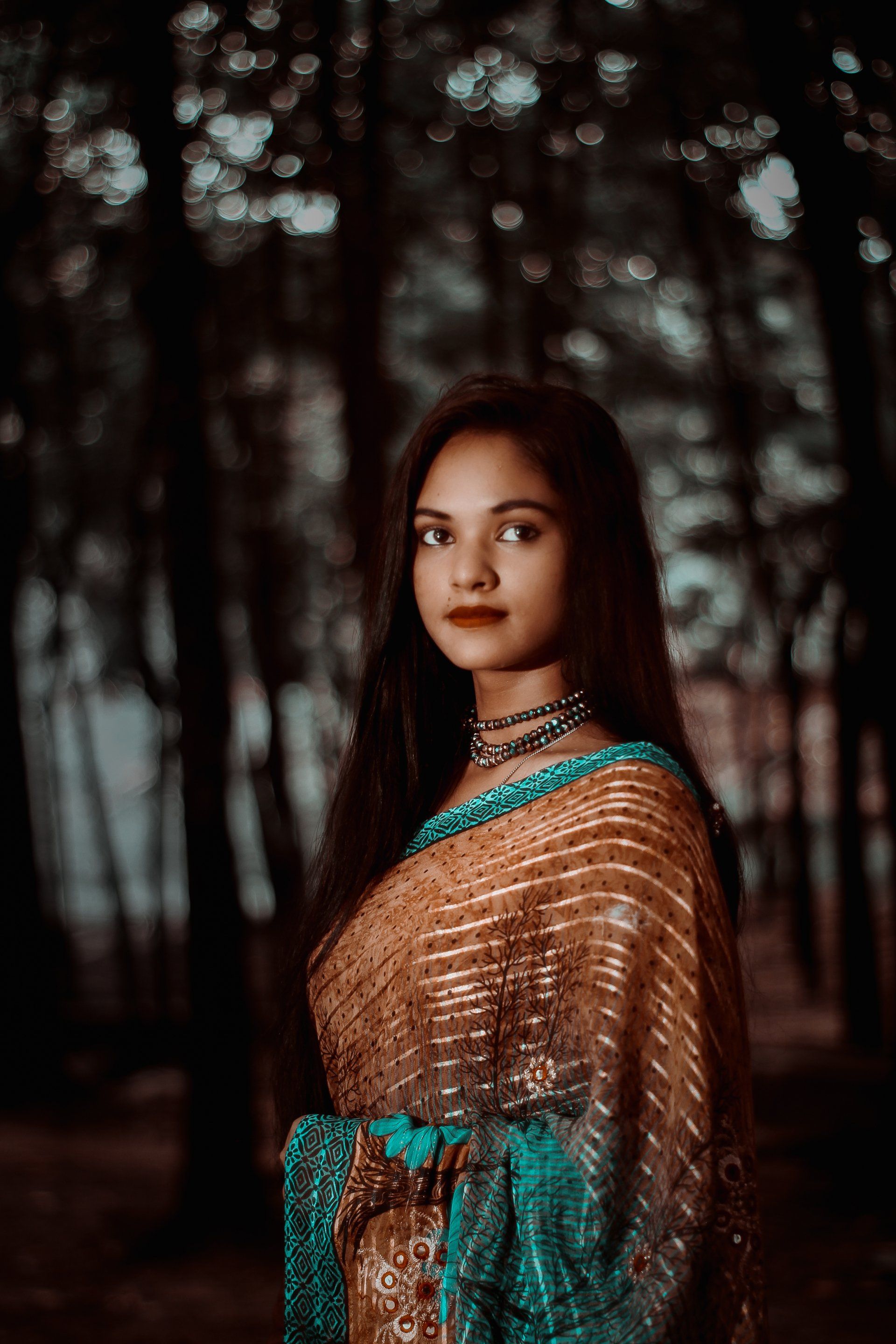 An Indian woman in a saree is standing in the woods.