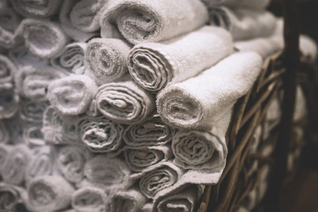 Rolled white towels in a wicker basket, stacked for use.