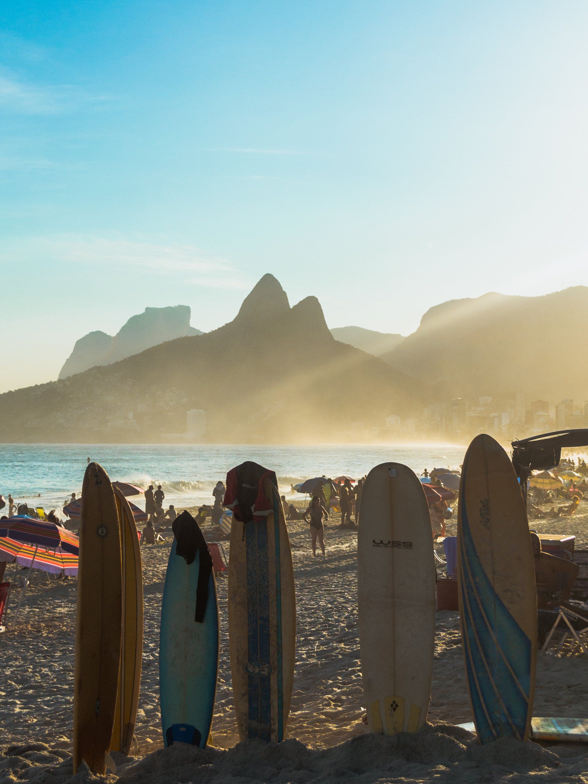 A row of surfboards on a beach with mountains in the background