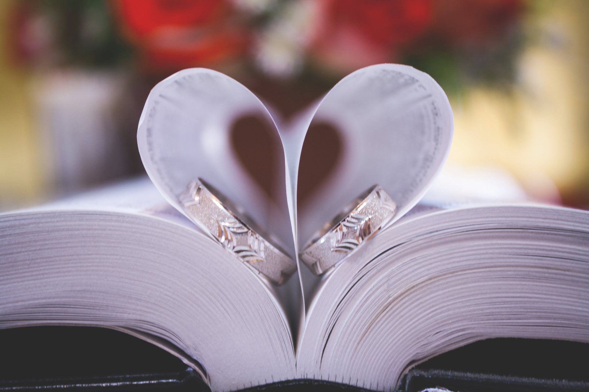 An open book with two pages folded to look like a heart, with wedding rings inside the pages