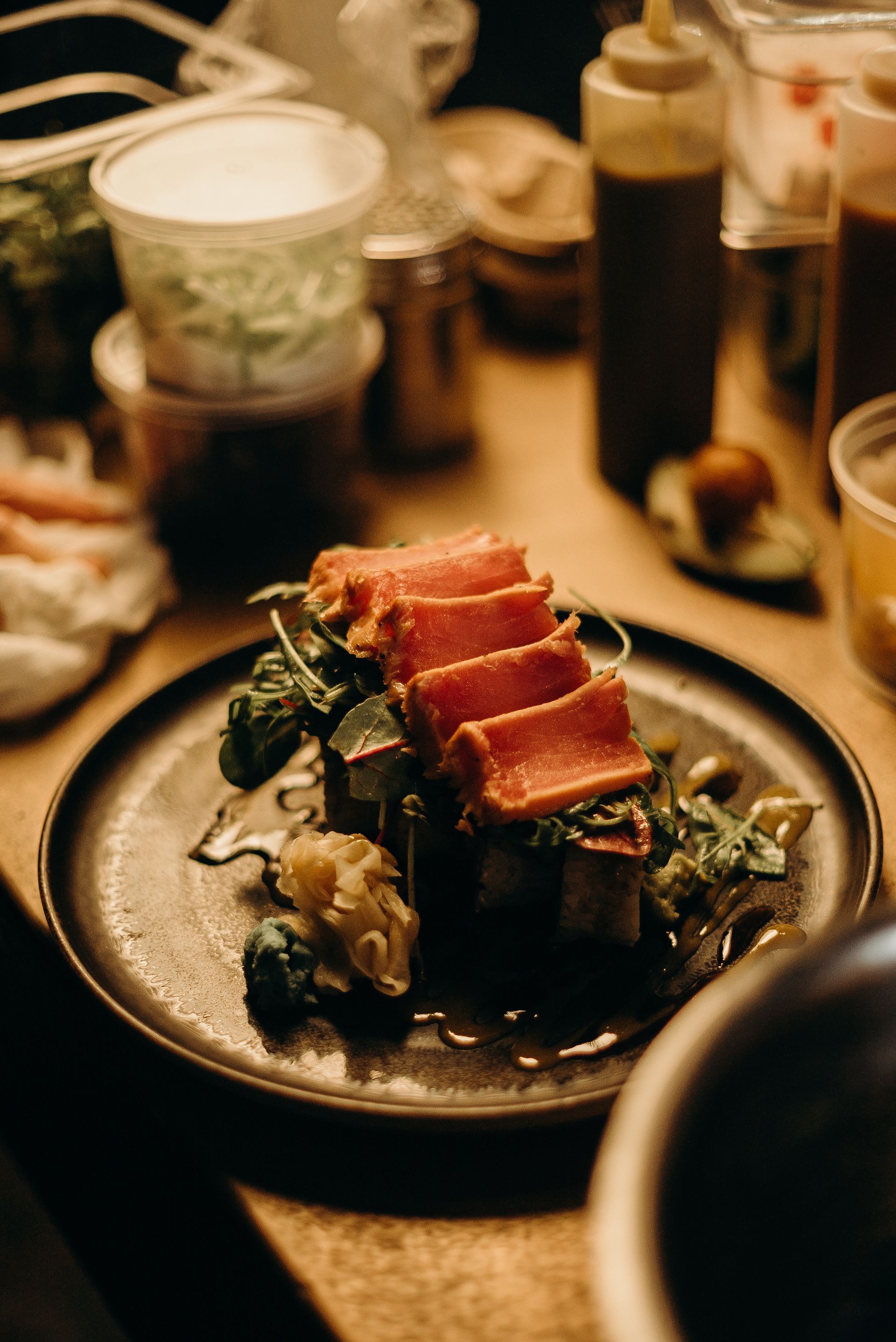 A close up of a plate of food on a table.