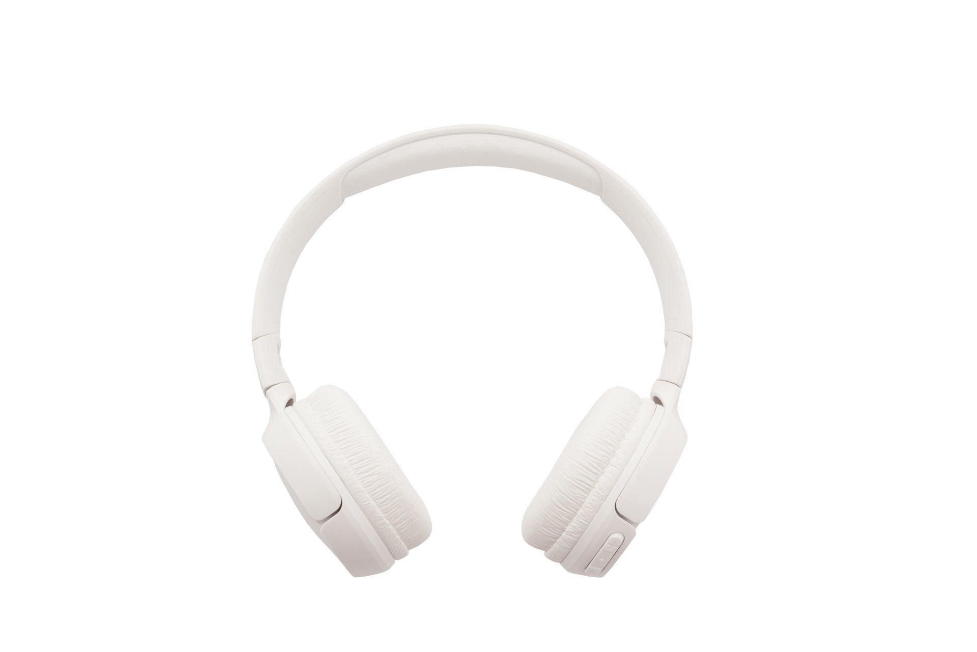 A pair of white headphones on a white background.