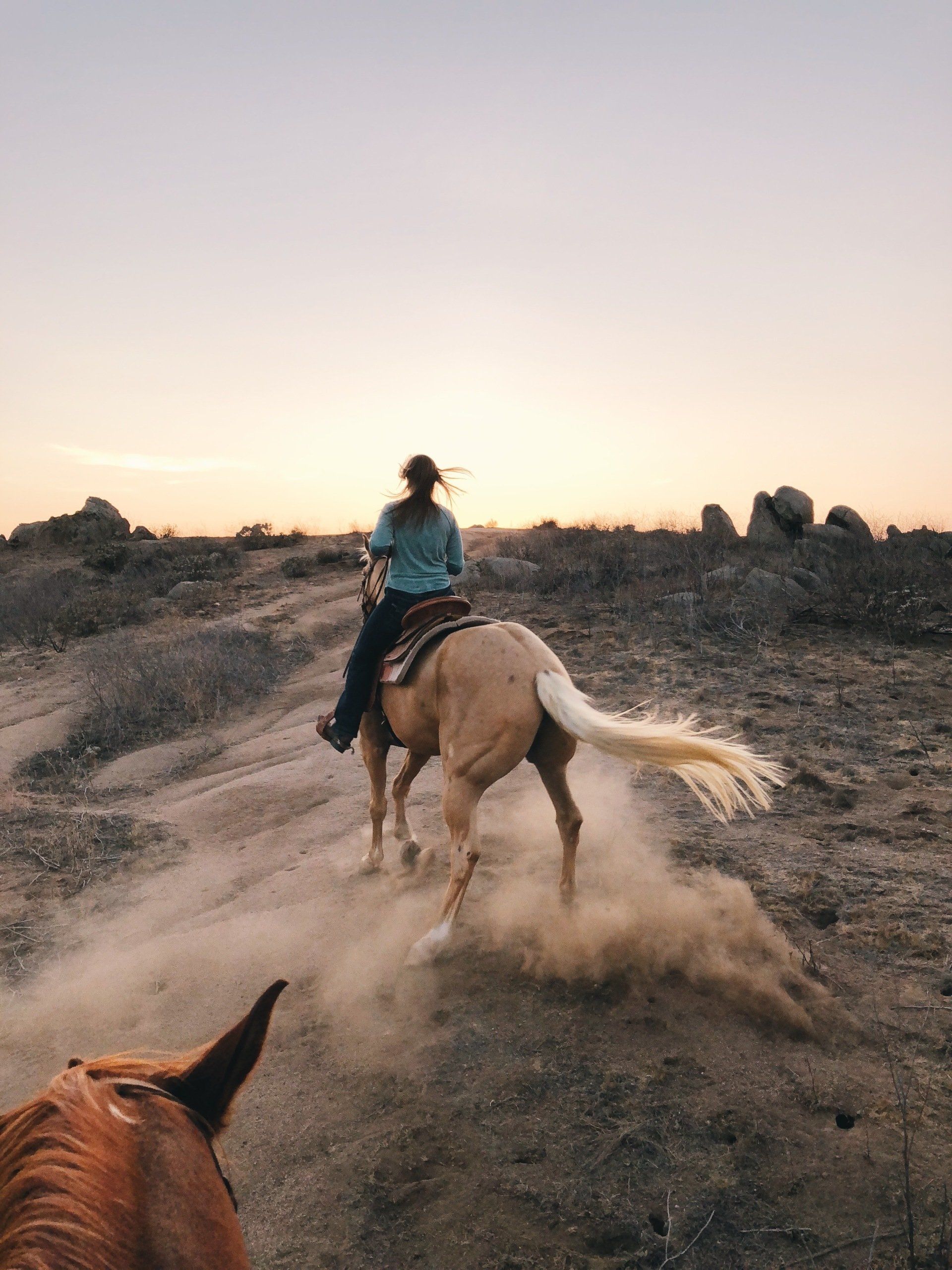 A woman is riding a horse on a dirt road.