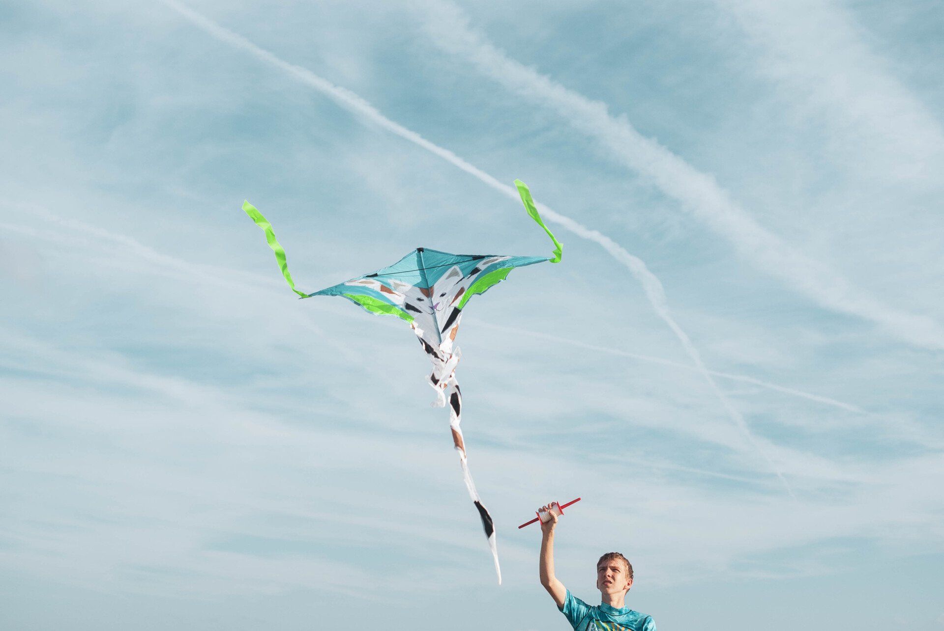 A man is flying a kite in the sky.