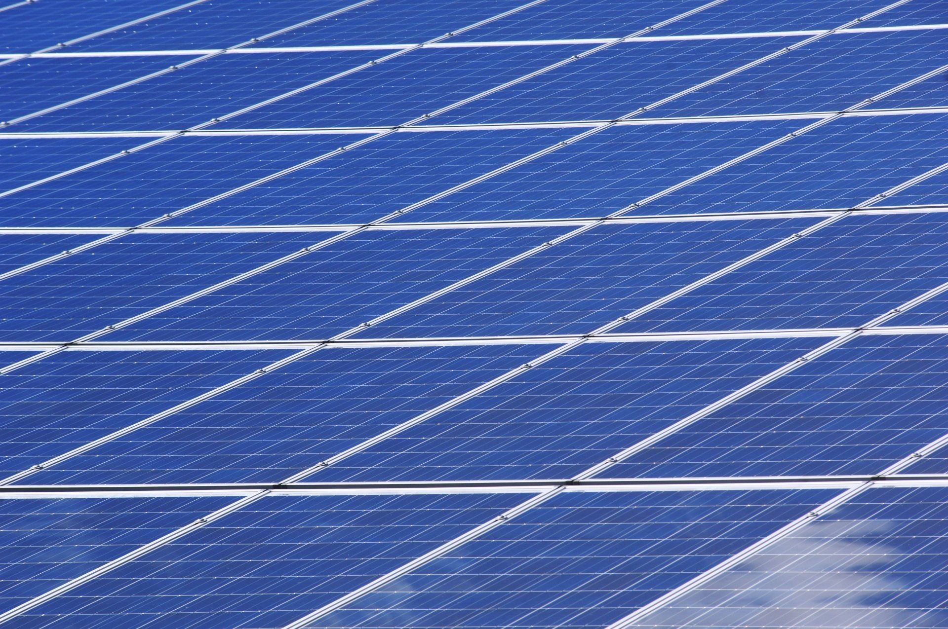 A row of blue solar panels against a blue sky