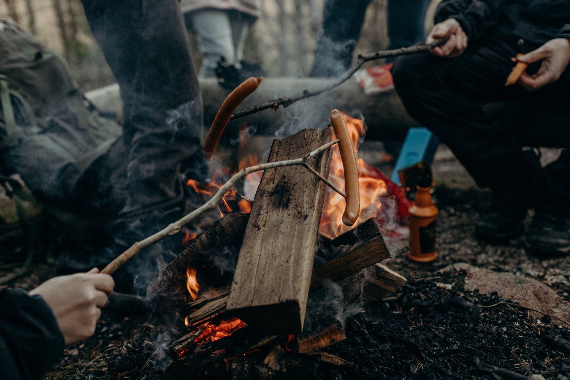 A group of people are roasting hot dogs over a campfire.