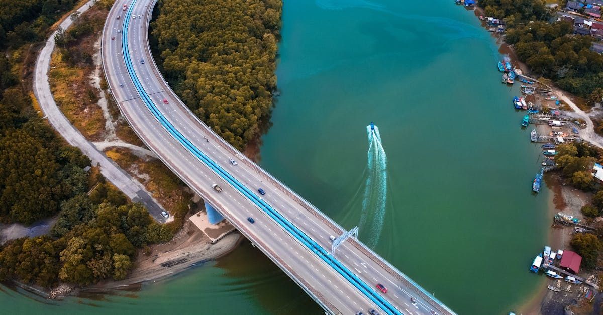 An aerial view of a bridge over a river.