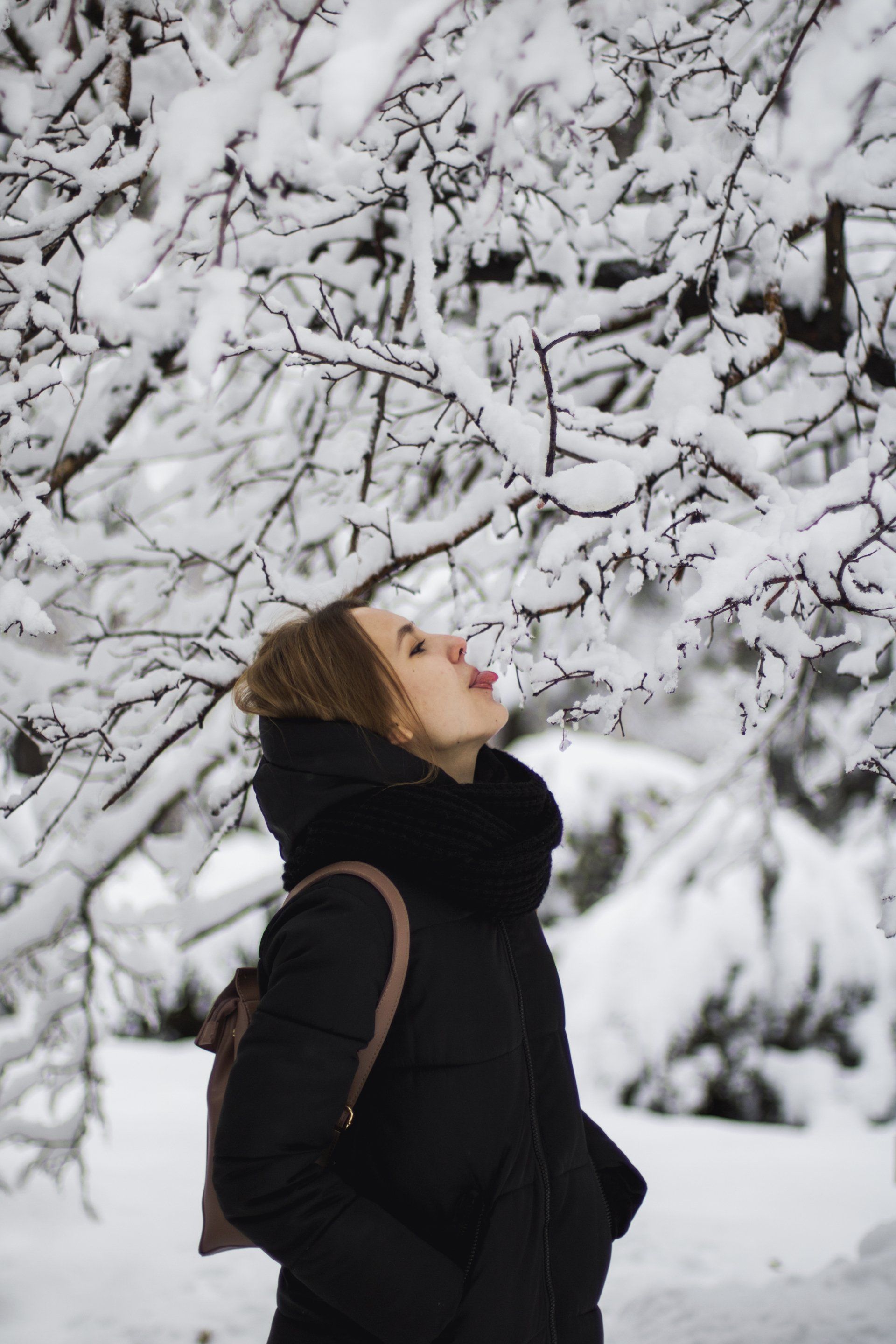Eine Frau in einer schwarzen Jacke steht vor einem schneebedeckten Baum.