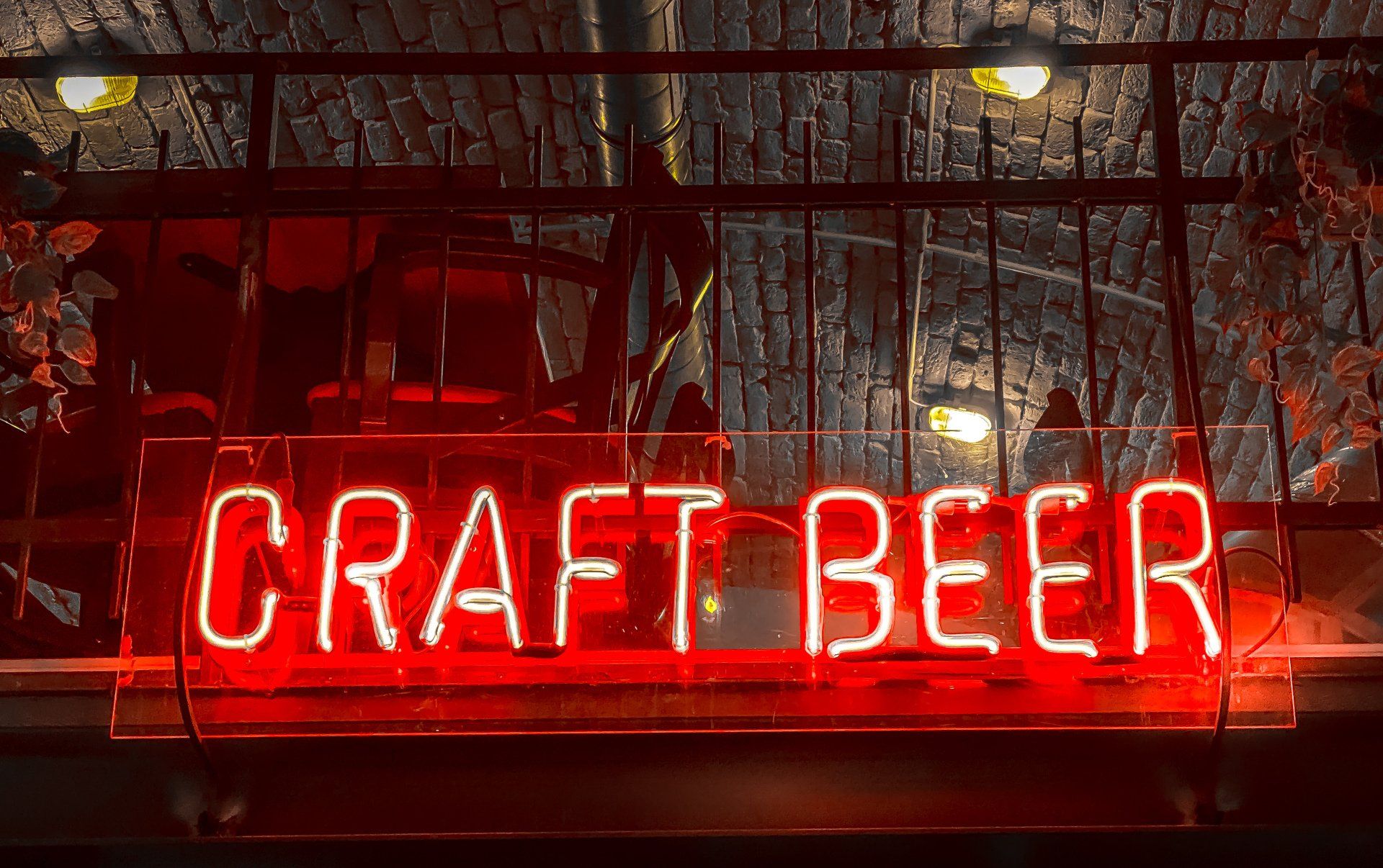 a neon sign that says craft beer is lit up in a dark room .