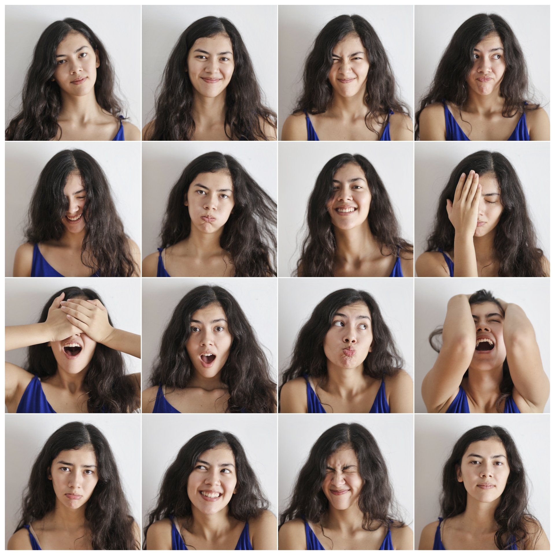 un collage di foto di una donna con diverse espressioni facciali .