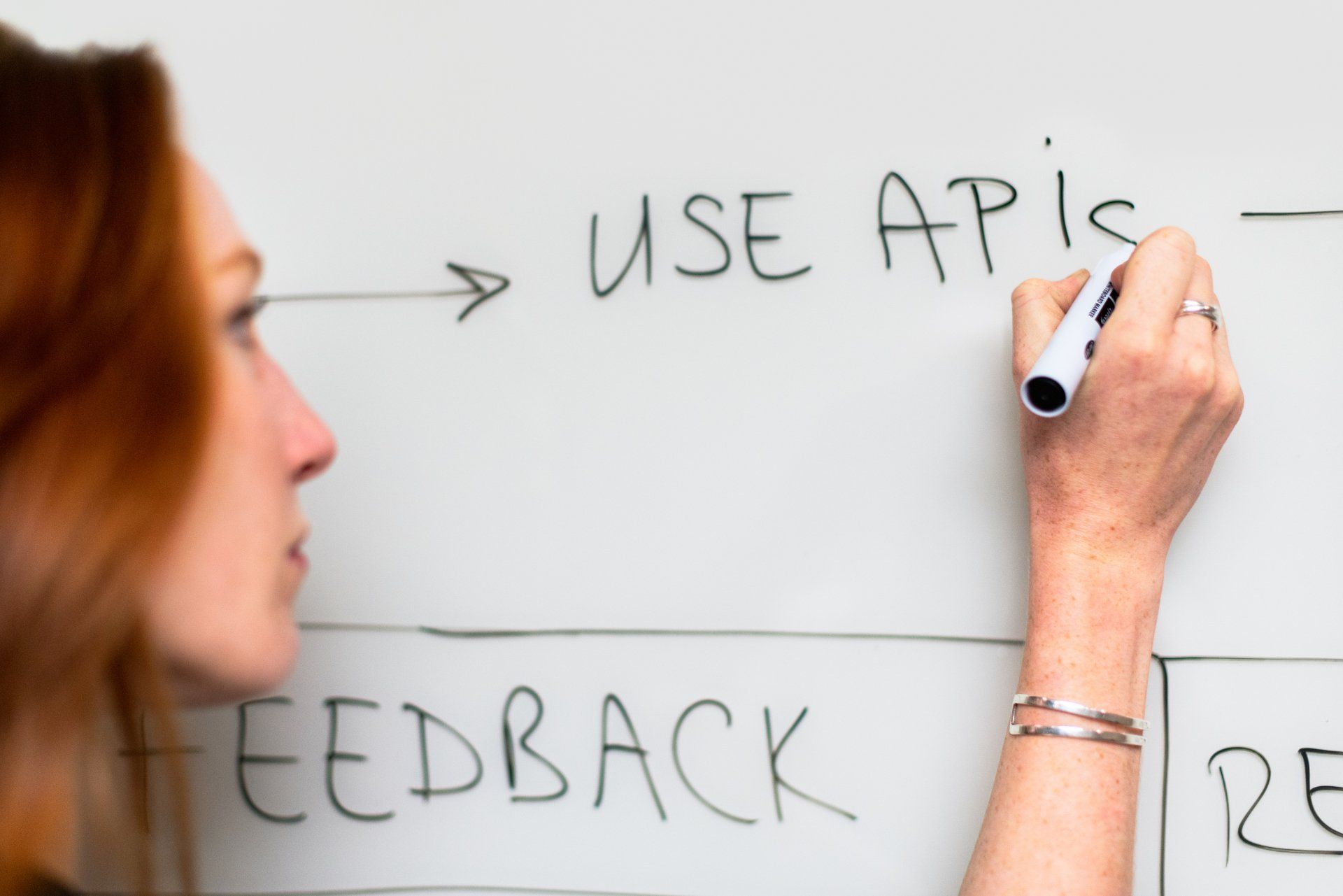 A woman is writing on a whiteboard that says use apis feedback