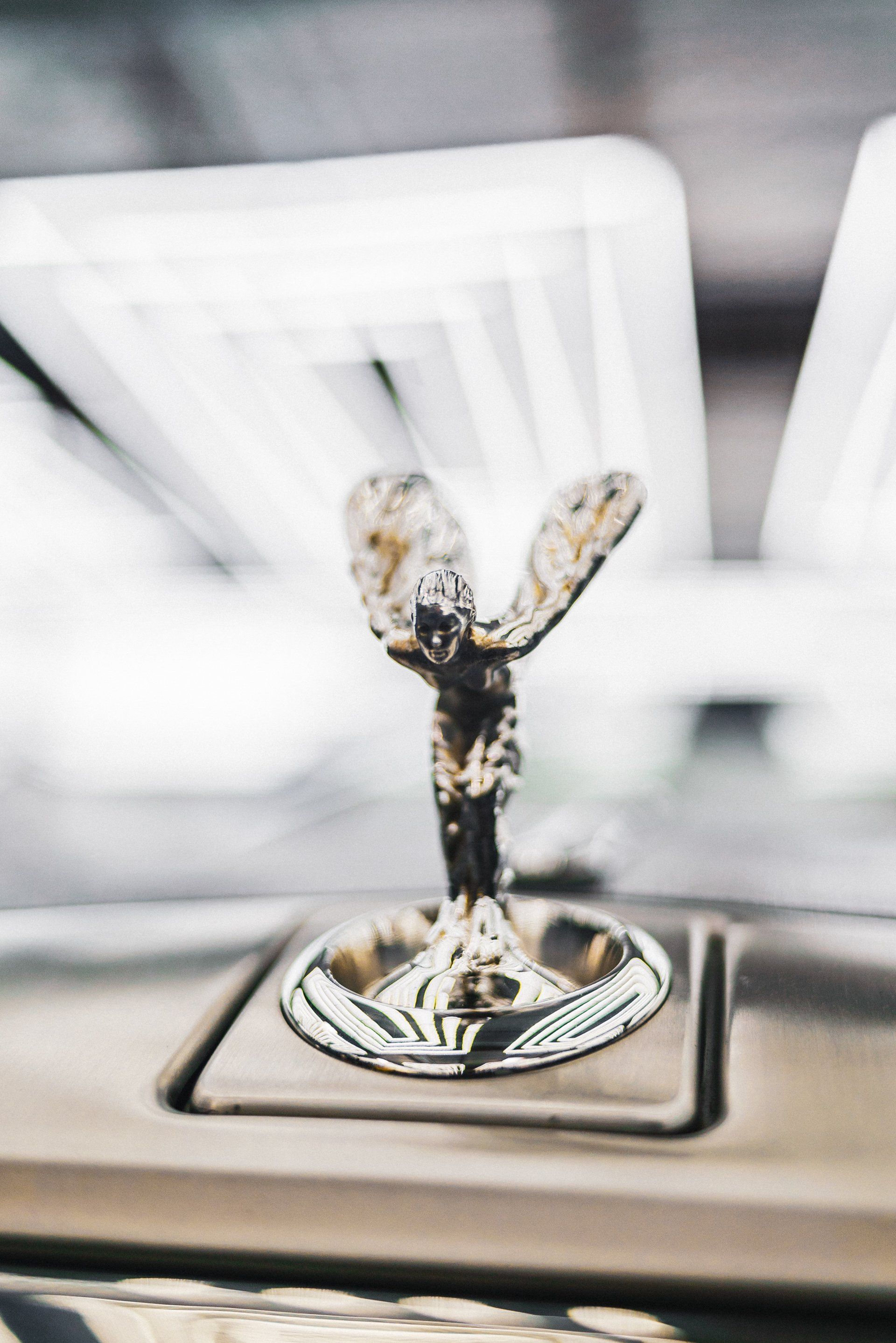 A close up of a statue on the hood of a car