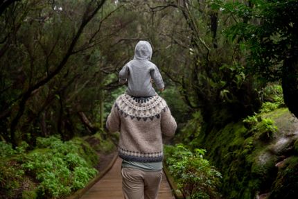 A man is carrying a baby on his shoulders through a forest.