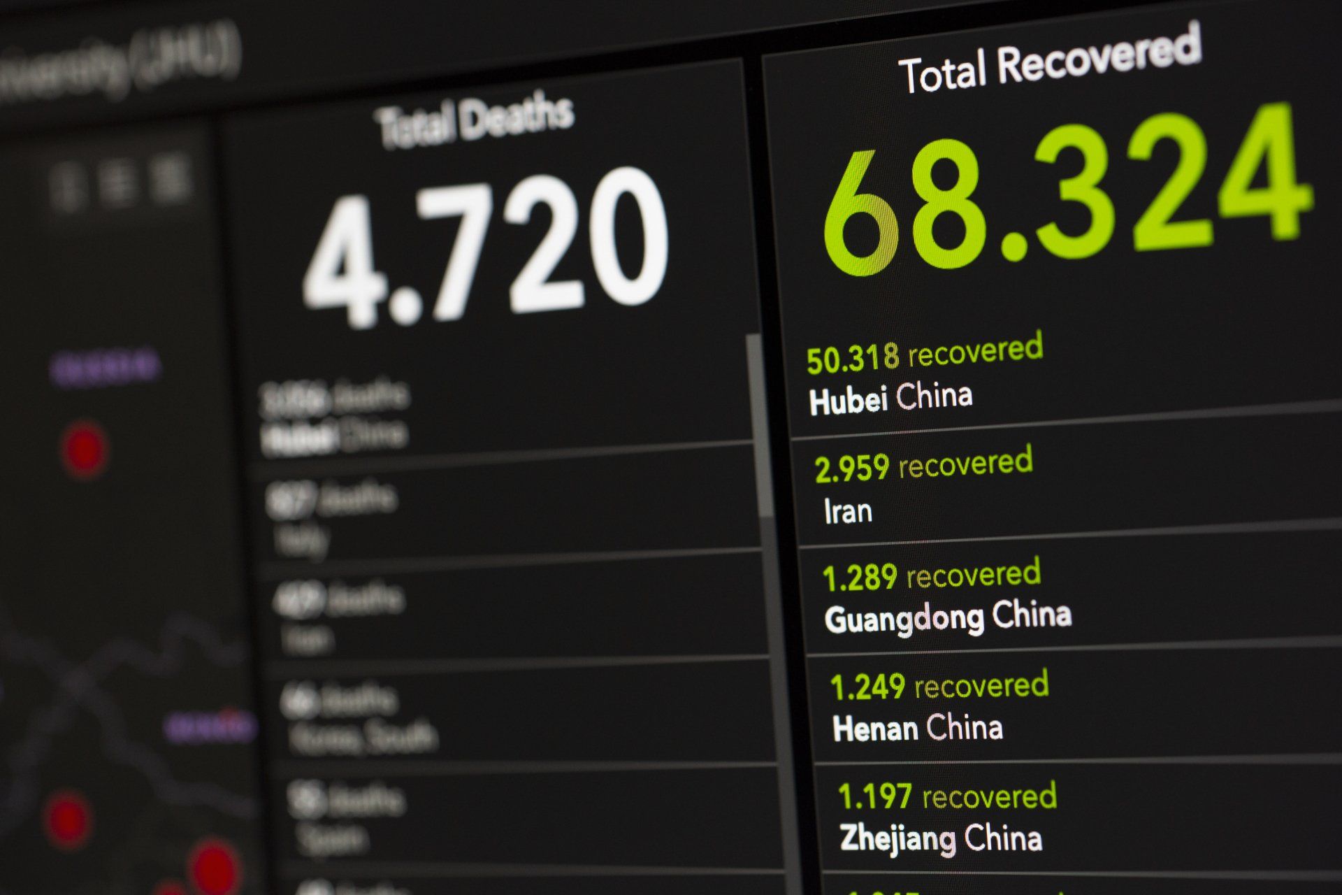 A computer screen shows the number of recovered and total deaths