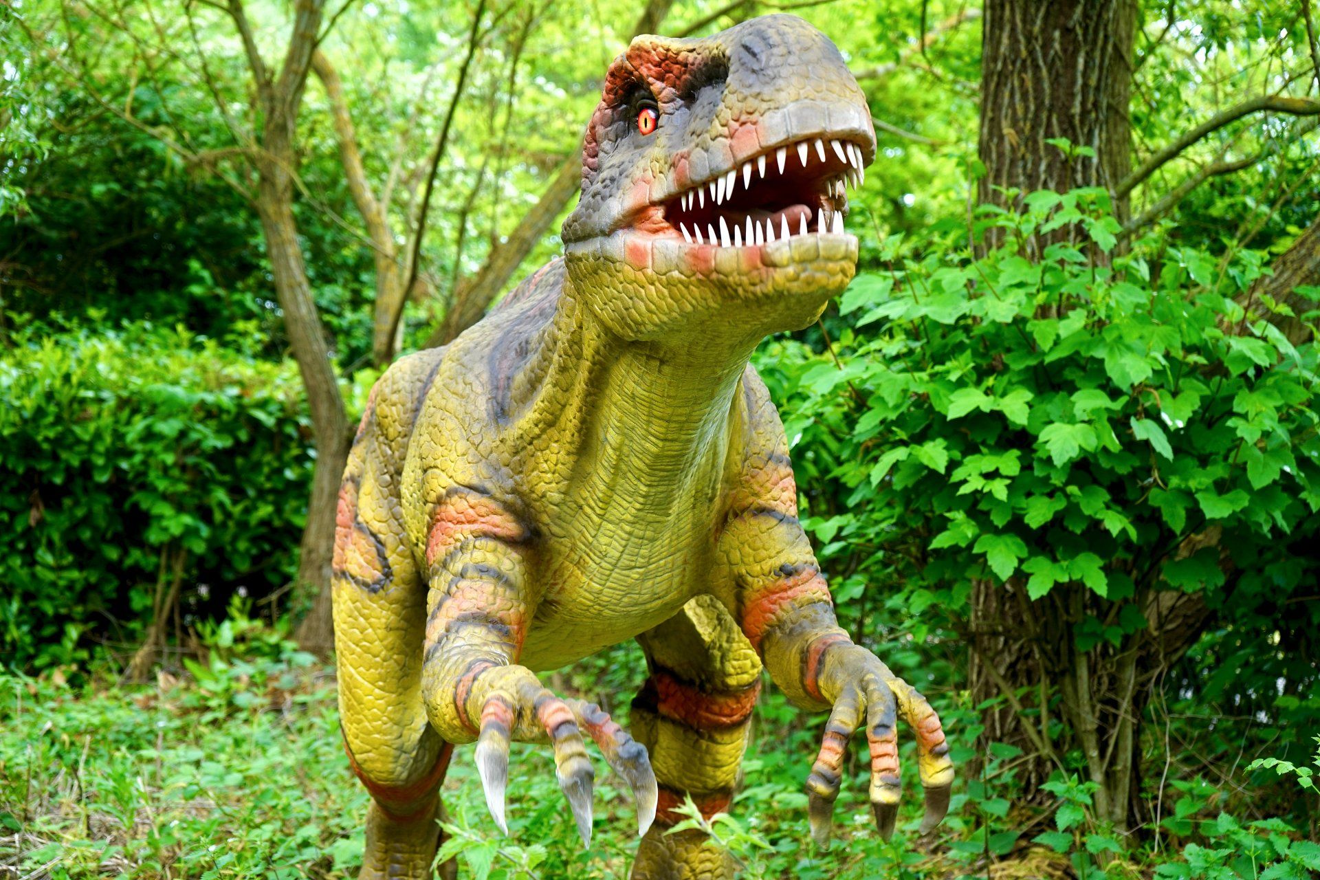 A dinosaur is standing in the woods with its mouth open.