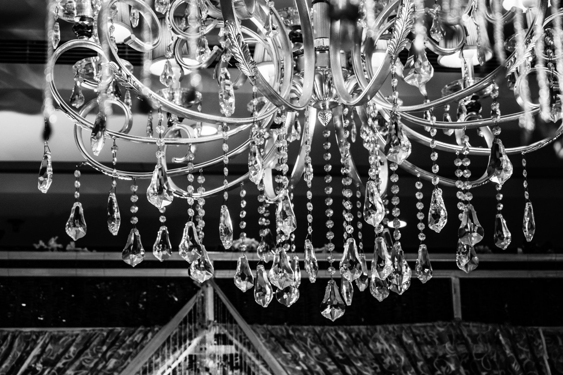 An ornate chandelier with hanging crystals.