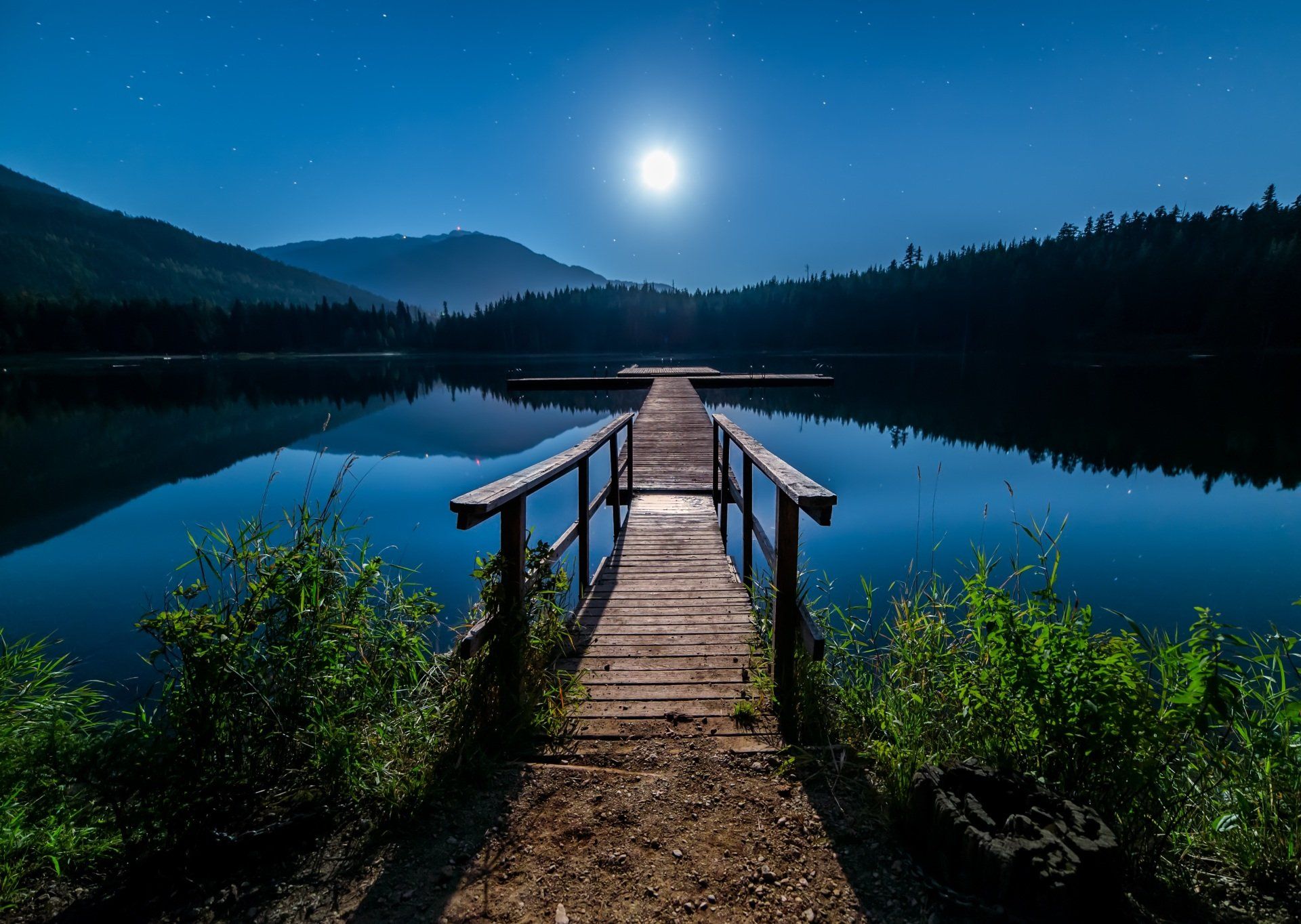a wooden dock leading to a lake at night with a full moon in the background .