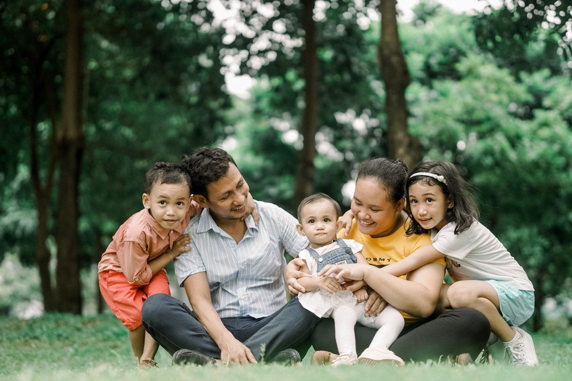 A family sitting on the grass in a park