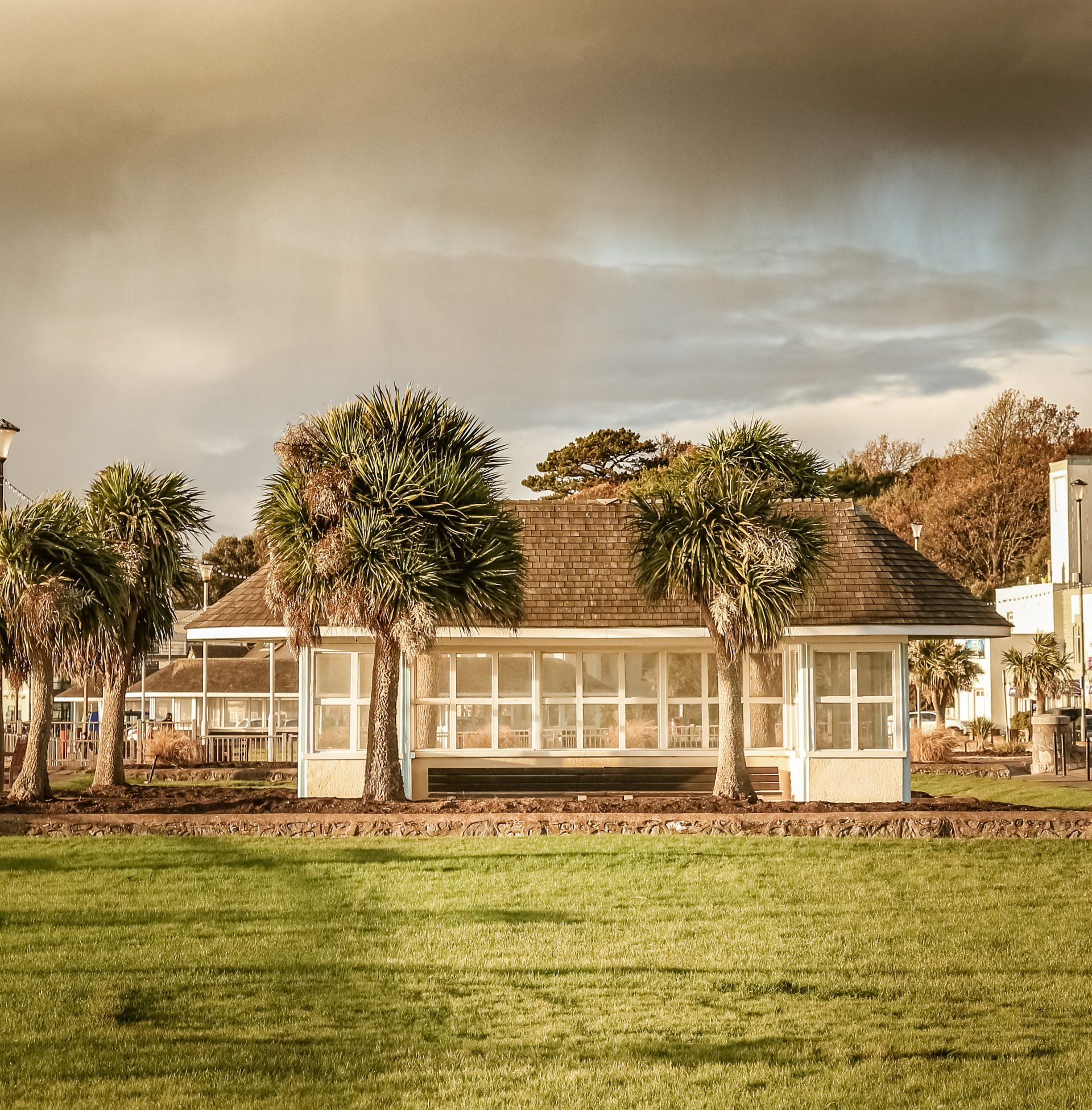 a white building with palm trees in front of it
