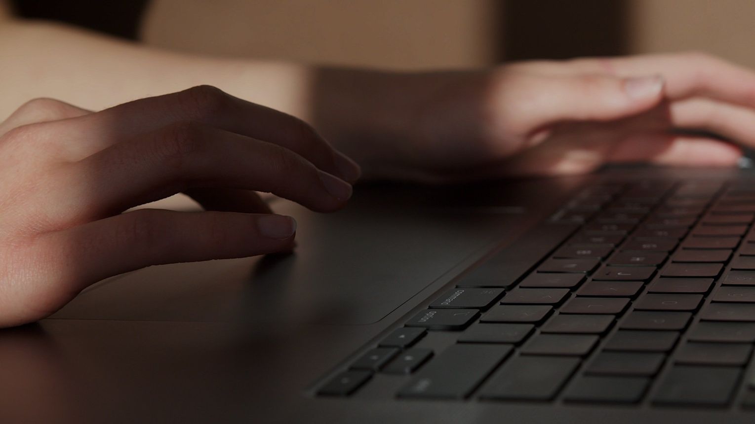 A close up of a person 's hands typing on a laptop