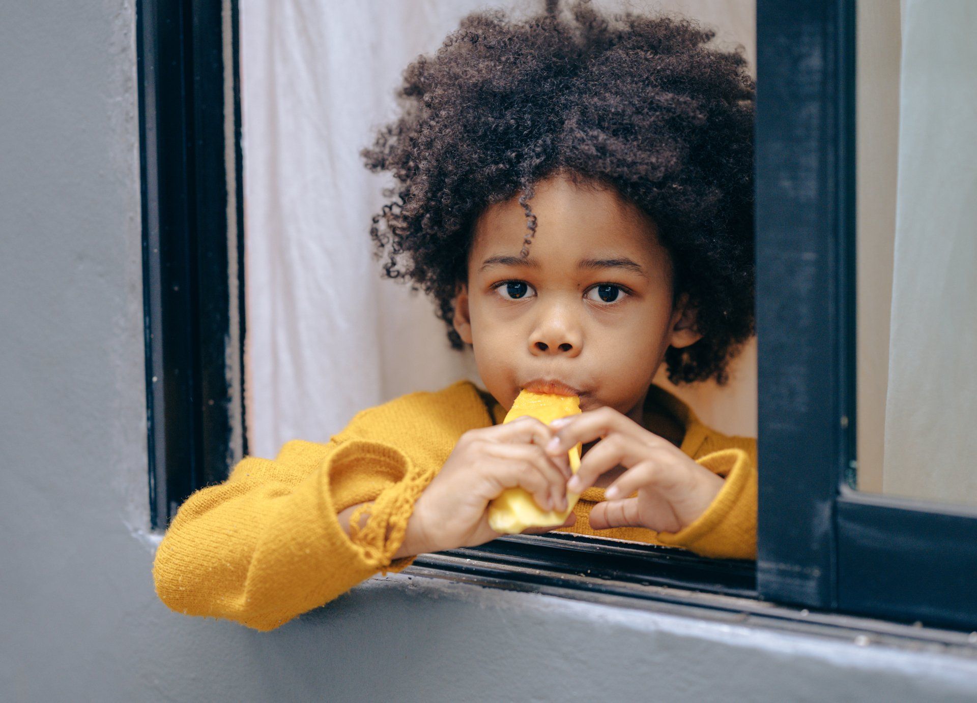 A young boy is eating a piece of cheese while looking out of a window.