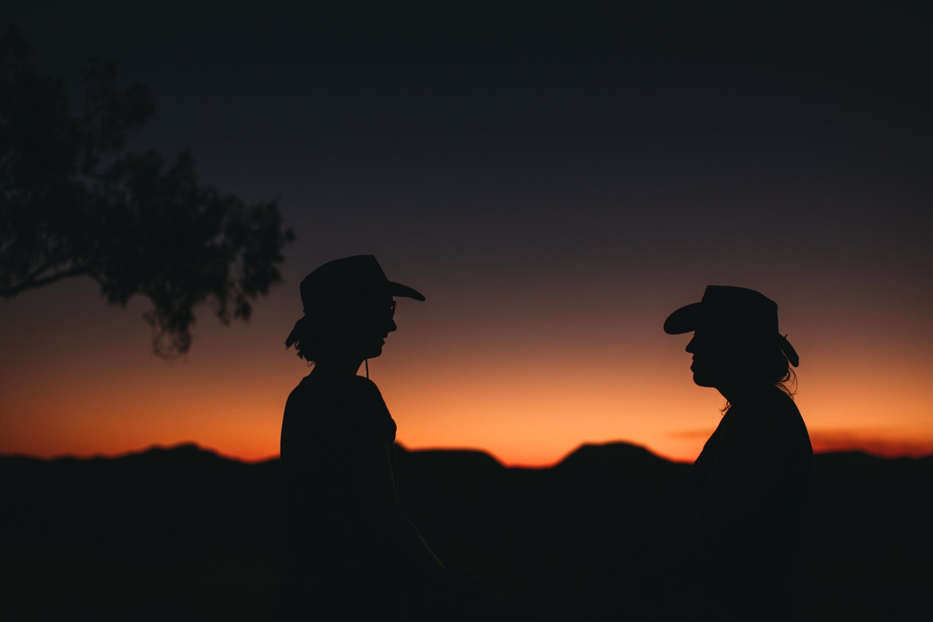 Two people in cowboy hats are standing next to each other at sunset.