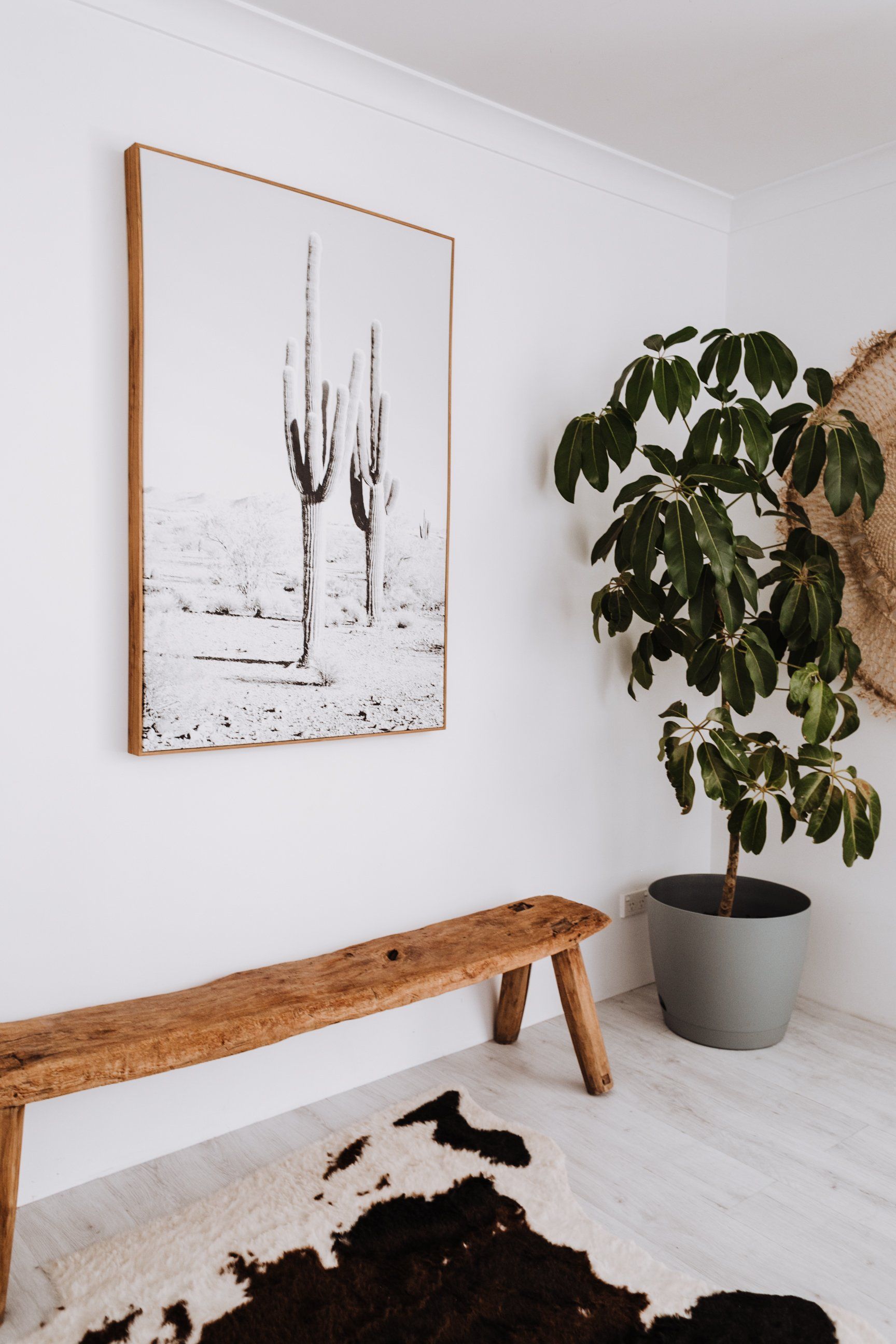 A picture of a cactus is hanging on the wall above a wooden bench.