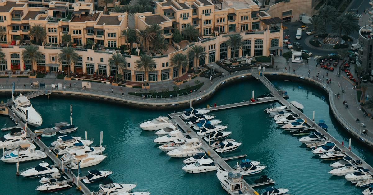 An aerial view of a marina filled with boats and buildings.