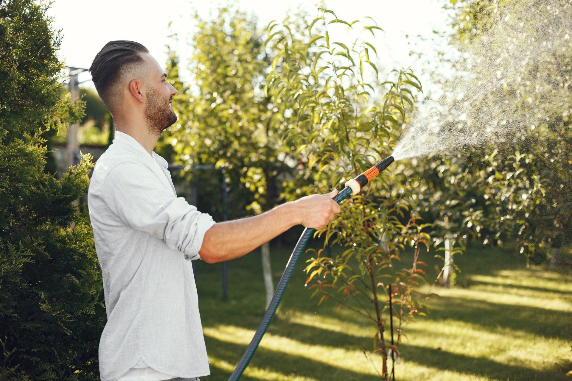 A man is watering a tree with a hose in a garden.