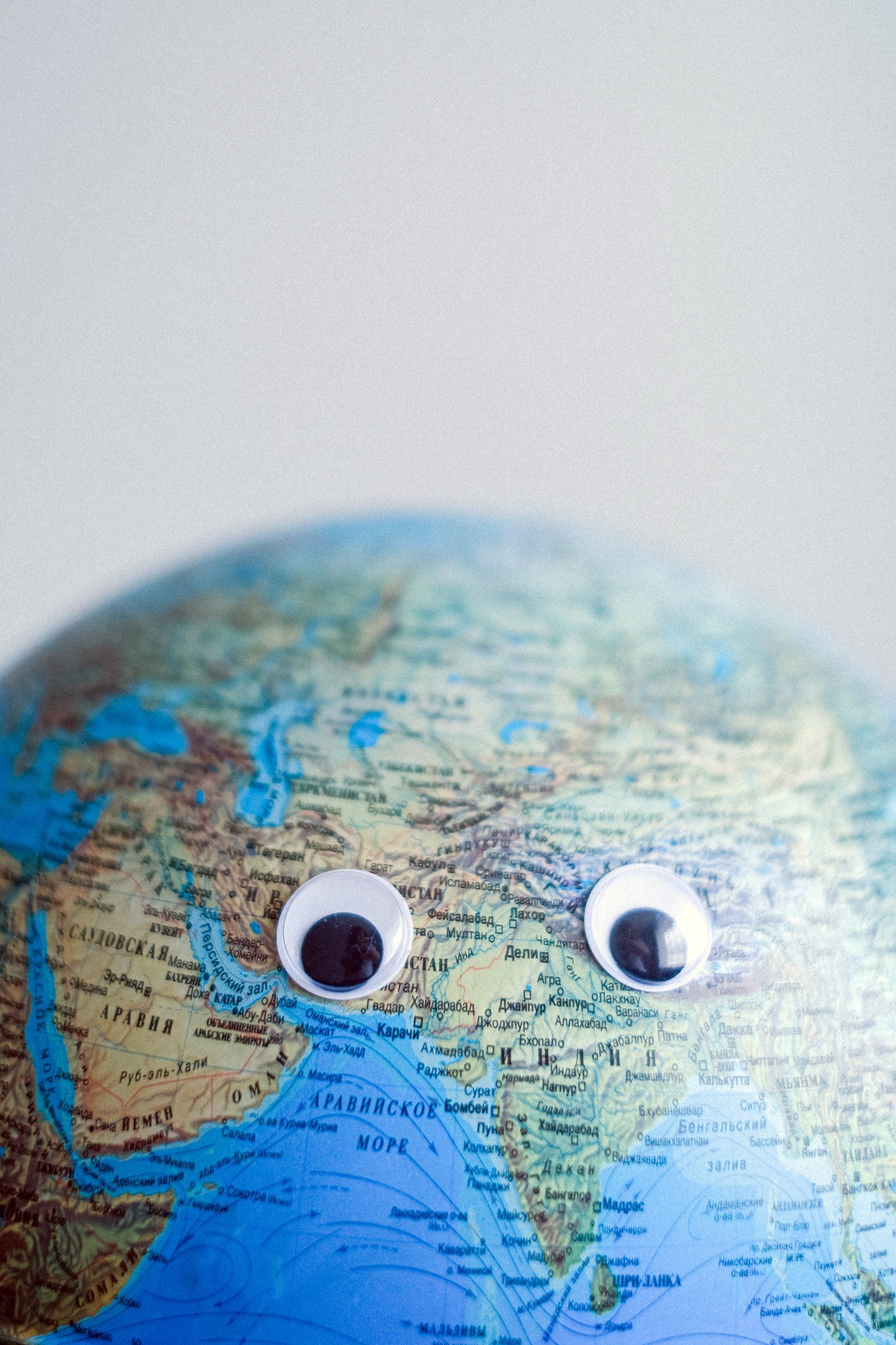 a toy globe with eyes