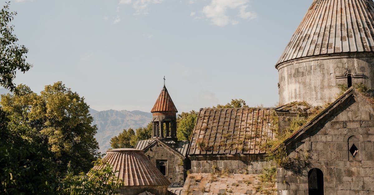 A church with a dome on top of it is surrounded by trees and mountains.