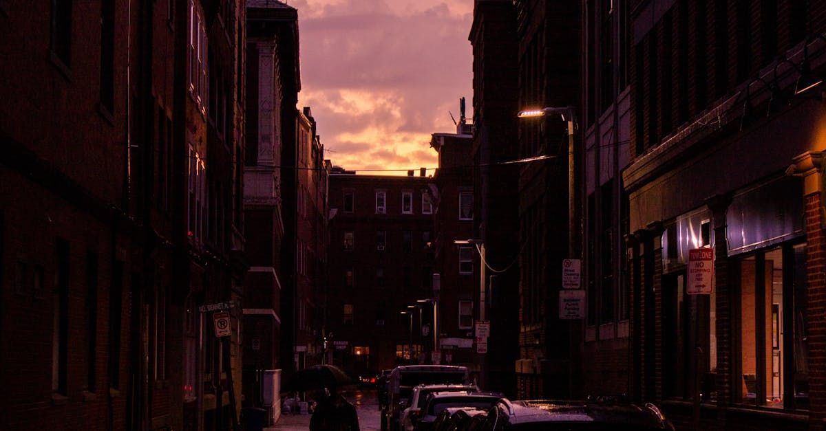 A dark city street with a sunset in the background.