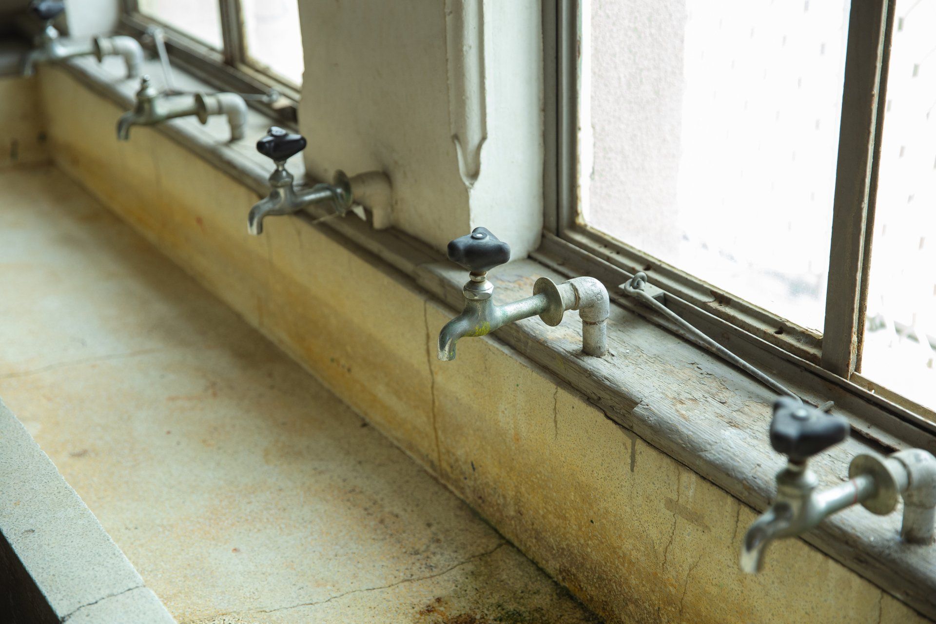 A row of faucets are lined up on a window sill.