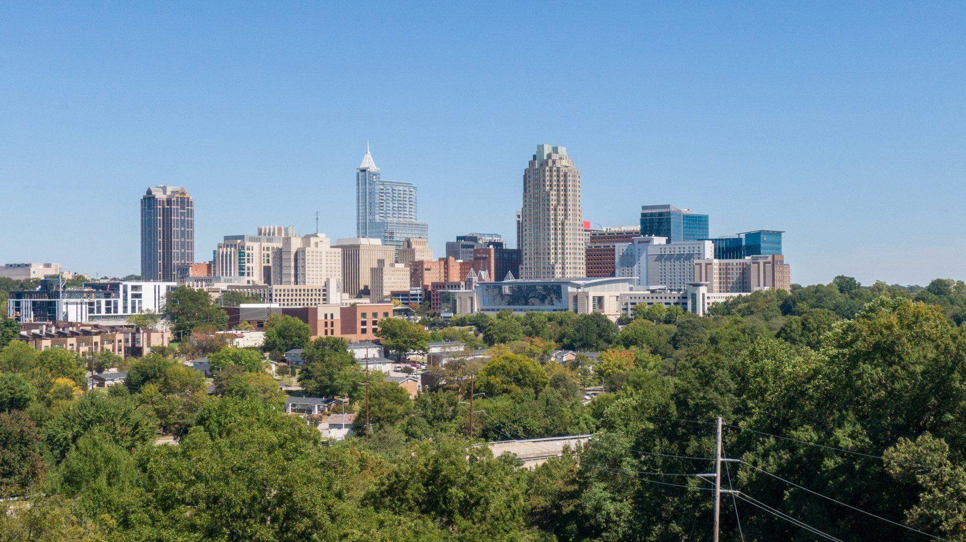a city skyline of Raleigh, North Carolina with a few trees in the foreground