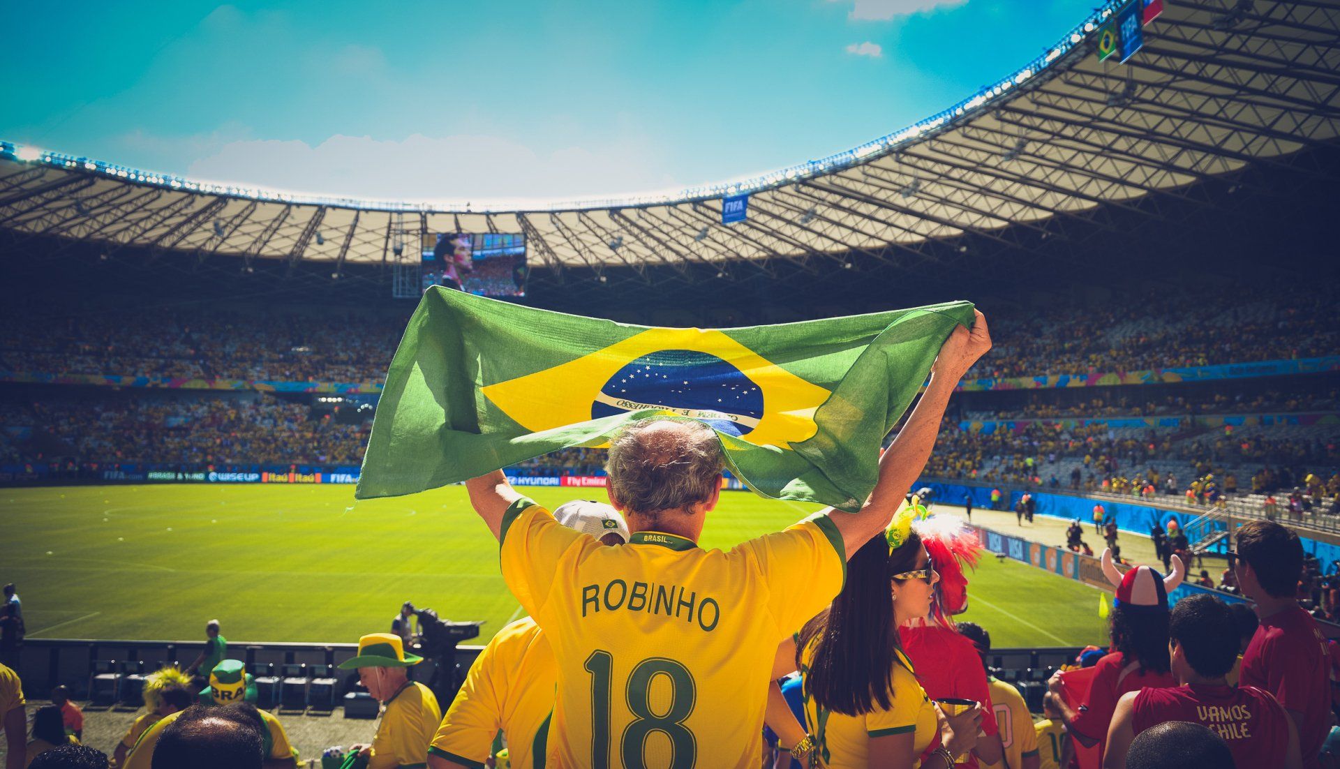 A woman is holding a brazilian flag in a stadium.