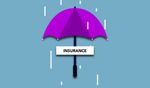 A purple umbrella with a sign underneath it that says `` insurance ''.