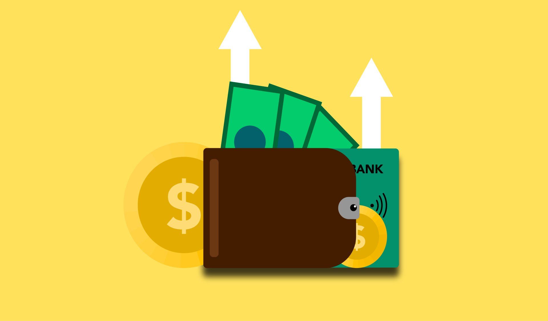 an illustration of a wallet with money and a bank card