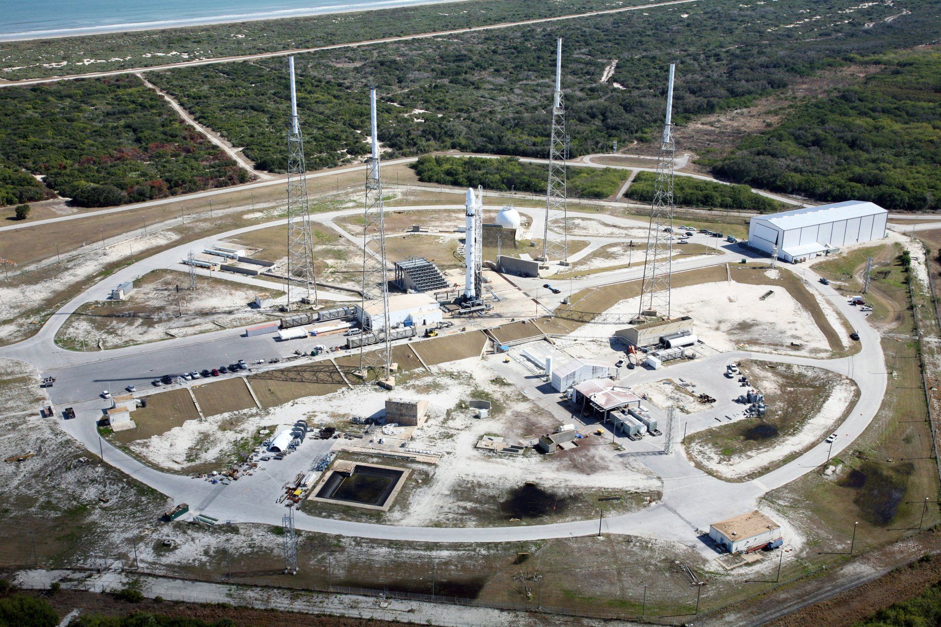 An aerial view of a space shuttle launch pad.