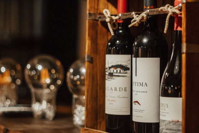 three bottles of wine are sitting on a wooden shelf .