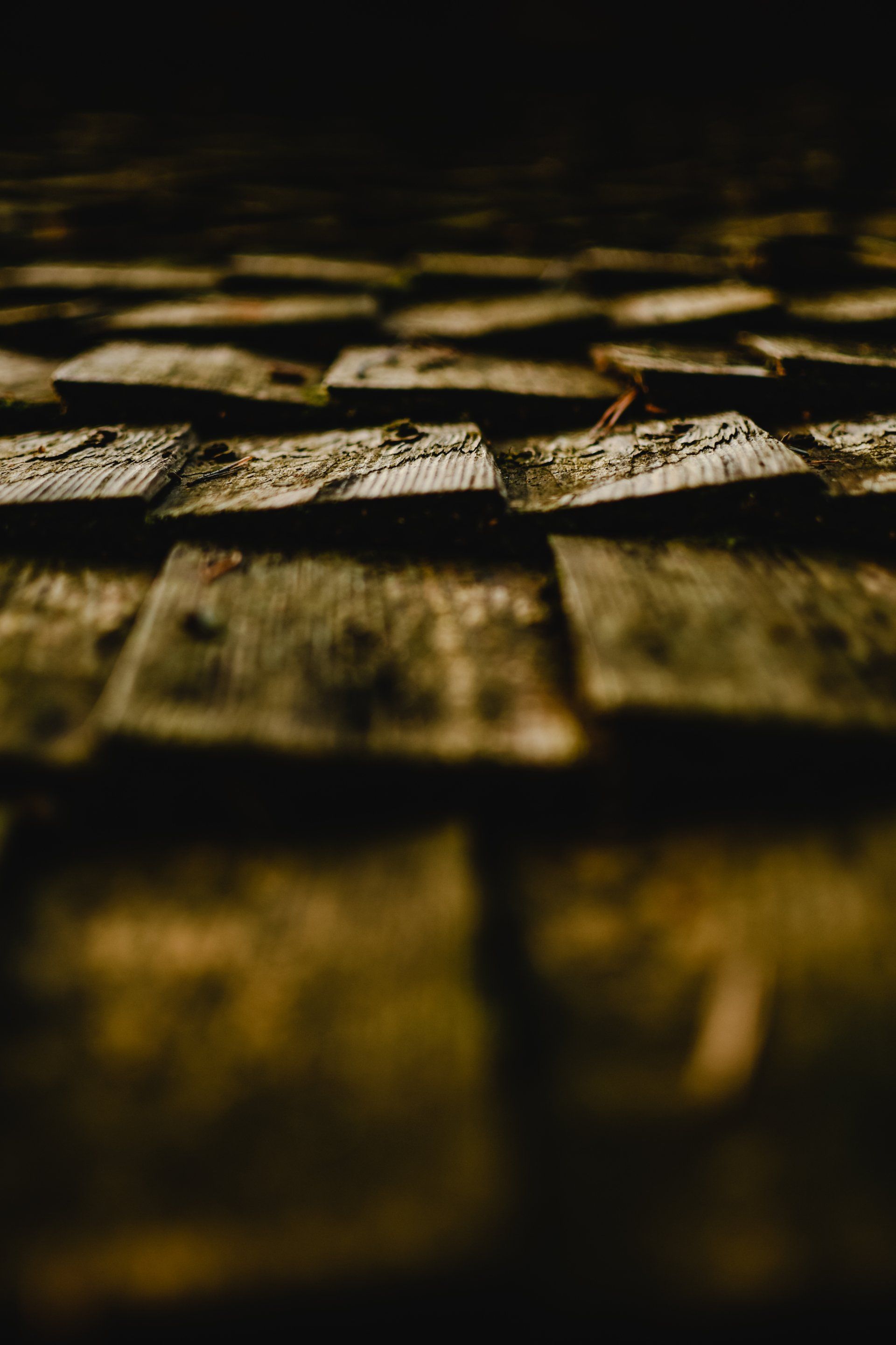 A close up of a wooden roof with a dark background.