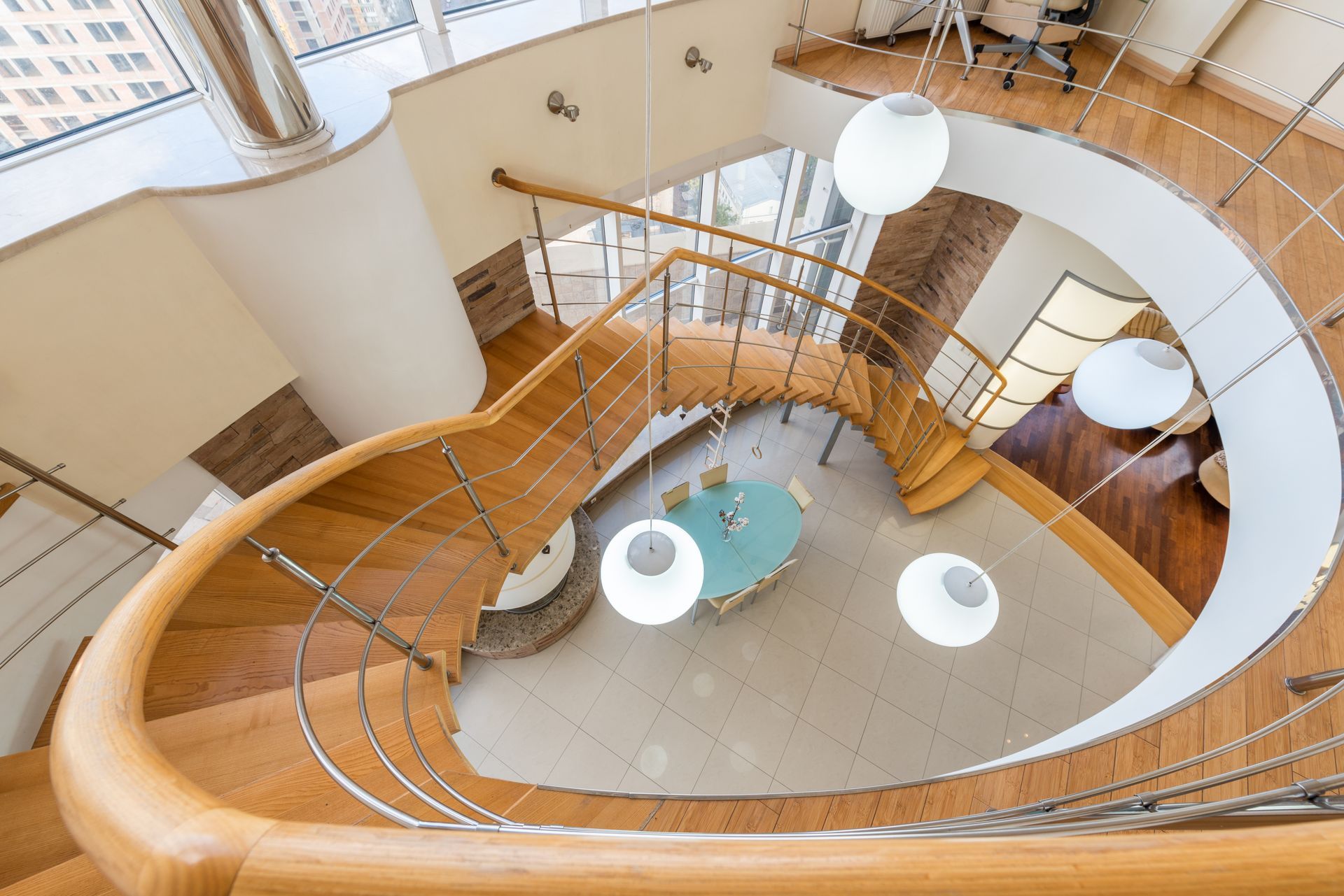 An aerial picture of a spiral staircase