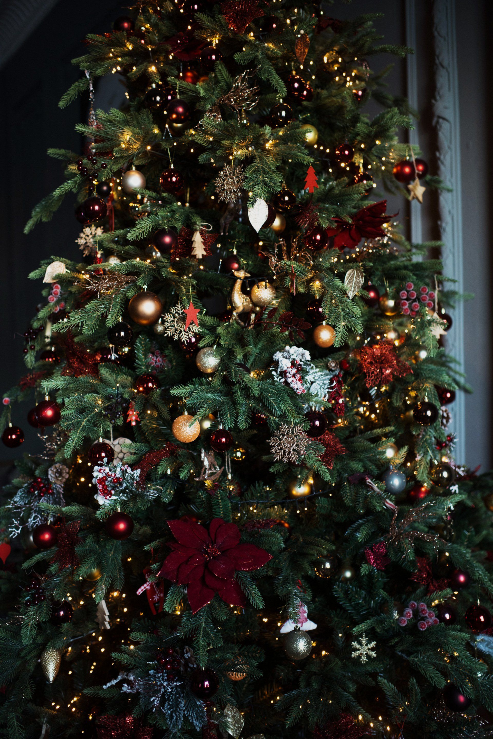 a christmas tree is decorated with red and gold decorations and lights .