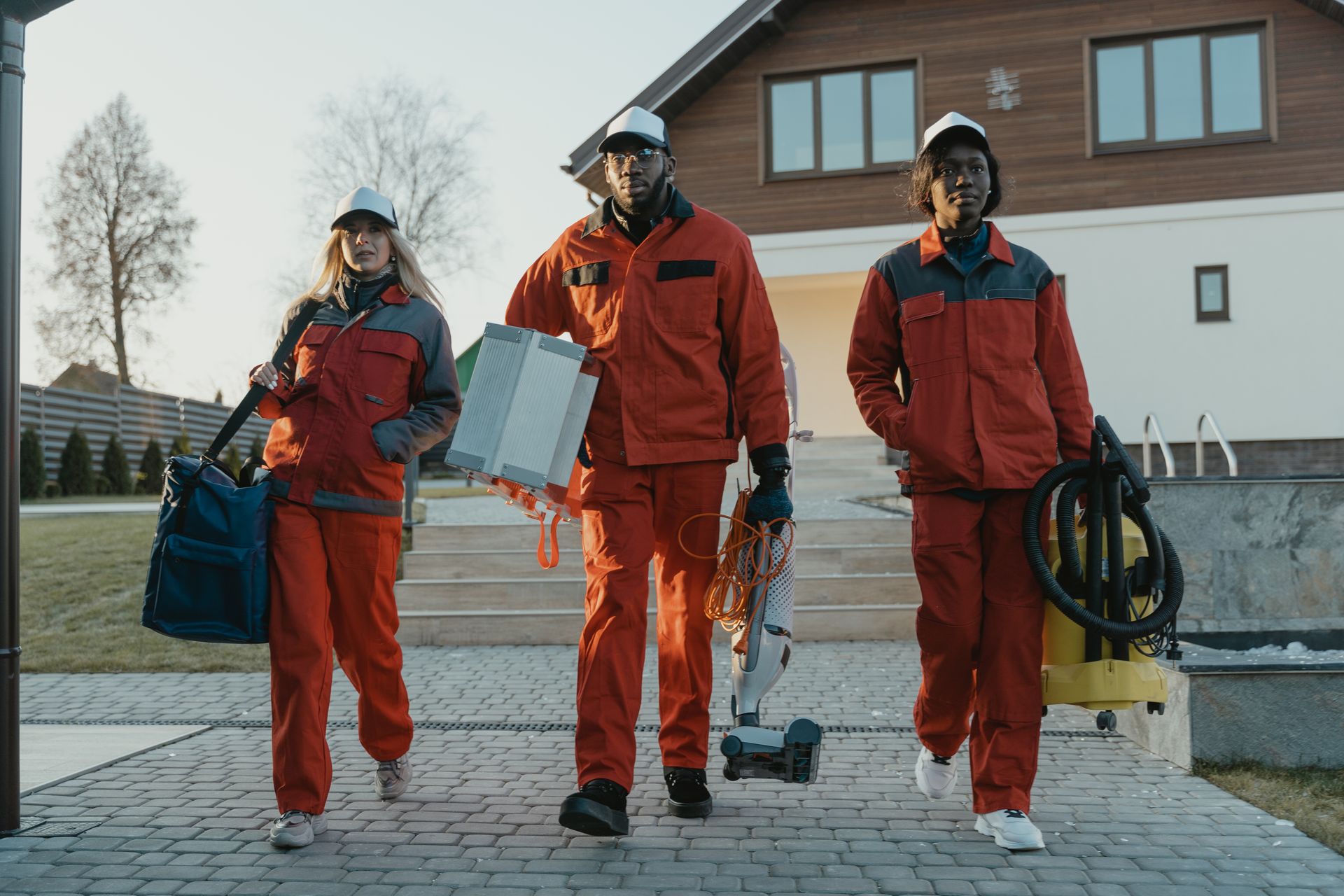 A group of construction workers are walking down a sidewalk in front of a house.