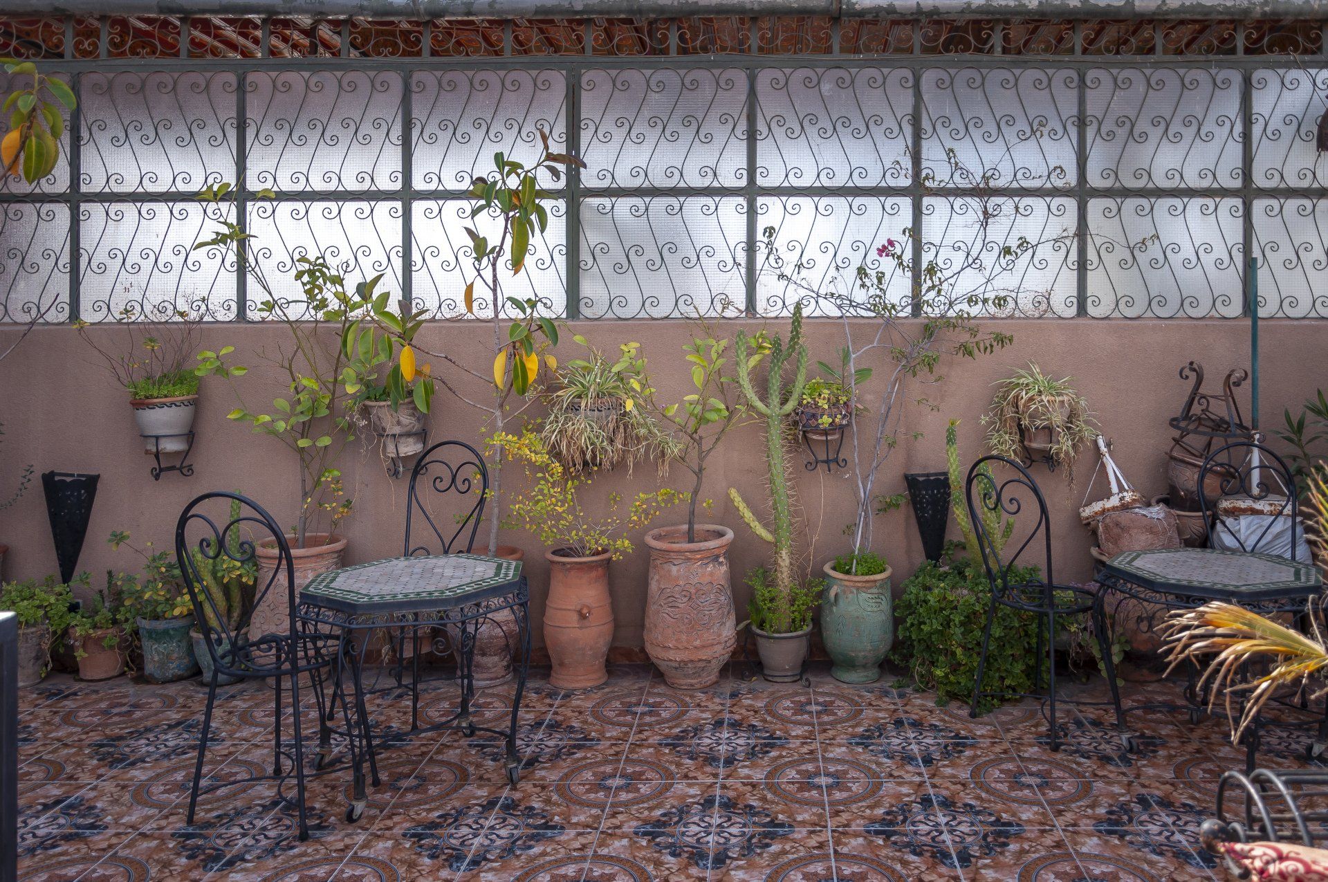 a cozy outdoor patio with plants, seating, and a colorful, patterned tile floor